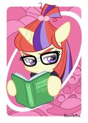 Size: 492x688 | Tagged: safe, artist:akira bano, moondancer, pony, unicorn, book, bust, female, frown, glasses, hoof hold, mare, reading, solo