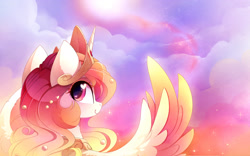 Size: 2788x1744 | Tagged: safe, artist:magnaluna, princess celestia, alicorn, pony, bust, colored wings, cute, cutelestia, female, heart eyes, jewelry, looking at you, looking back, portrait, profile, regalia, sky, smiling, solo, spread wings, sweet dreams fuel, wingding eyes, wings