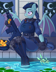 Size: 3600x4650 | Tagged: safe, artist:ziemniax, oc, oc only, oc:specter ace, anthro, bat pony, assault rifle, bat pony oc, bat wings, beret, boots, braid, braided ponytail, braided tail, busty oc, clothes, commission, fangs, female, fn scar, freckles, fruit, gloves, gun, hat, helmet, kevlar, knee pads, mangoes, rifle, royal guard, scar-h, shoes, sitting, solo, swimming pool, uniform, weapon, wings