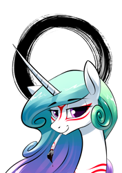 Size: 2480x3507 | Tagged: safe, artist:underpable, princess celestia, alicorn, pony, amaterasu, female, looking at you, mare, mouth hold, okami, paint, paintbrush, smiling