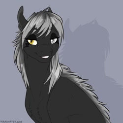 Size: 750x750 | Tagged: safe, artist:dementra369, oc, oc only, oc:hara, monster pony, original species, tatzlpony, bedroom eyes, bust, chest fluff, female, grin, heterochromia, looking at you, mare, shadow, simple background, smiling, smiling at you, solo