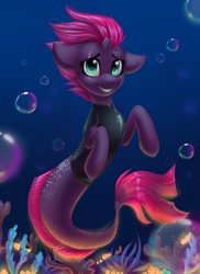 Size: 1024x1408 | Tagged: dead source, safe, artist:freckleplant, fizzlepop berrytwist, tempest shadow, mermaid, merpony, seapony (g4), my little pony: the movie, broken horn, eye scar, female, grin, looking at you, mermaidized, scar, seaponified, seapony tempest shadow, smiling, solo, species swap, underwater, ych result