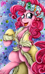 Size: 1024x1676 | Tagged: safe, artist:ebonyinkstone, pinkie pie, earth pony, pony, a hearth's warming tail, abstract background, chest fluff, clothes, female, mare, open mouth, ponk, prehensile mane, rearing, robe, solo, spirit of hearth's warming presents, unshorn fetlocks