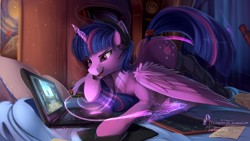 Size: 1920x1080 | Tagged: safe, artist:discordthege, twilight sparkle, twilight sparkle (alicorn), alicorn, pony, bed, bedroom, chalkboard, clothes, computer, female, hologram, horn, jet, jet fighter, kerbal space program, laptop computer, magic, mare, pillow, smiling, socks, solo, thigh highs, video game, wallpaper, wings