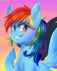 Size: 2000x2500 | Tagged: safe, artist:silbersternenlicht, rainbow dash, pegasus, pony, dreamworks face, female, mare, multicolored hair, smiling, solo, spread wings, underhoof, wings