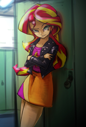 Size: 1377x2039 | Tagged: safe, artist:oberon826, sunset shimmer, human, equestria girls, beautiful, clothes, crossed arms, female, jacket, leather jacket, lockers, looking at you, skirt, solo, thighs