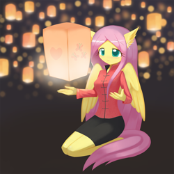 Size: 1000x1000 | Tagged: safe, artist:howxu, fluttershy, anthro, pegasus, clothes, cute, female, kneeling, lantern, mare, shyabetes, smiling, solo