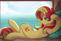 Size: 1492x1000 | Tagged: safe, artist:whiskyice, sunset shimmer, pony, unicorn, crossed legs, female, floppy ears, mare, pillow, relaxing, smiling, solo, window