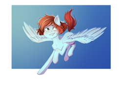 Size: 3035x2150 | Tagged: safe, artist:shiro-roo, oc, oc only, pegasus, pony, blushing, cheek fluff, chest fluff, female, flying, grin, mare, simple background, smiling, solo