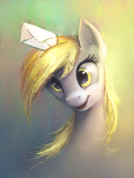 Size: 1050x1400 | Tagged: safe, artist:magfen, derpy hooves, pegasus, pony, bust, cute, derp, derpabetes, epic derpy, female, happy, letter, mare, open mouth, portrait, signature, smiling, solo