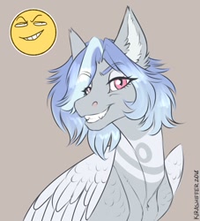 Size: 680x750 | Tagged: safe, artist:dementra369, oc, oc only, pegasus, pony, bust, ear fluff, fangs, female, grin, hair over one eye, mare, portrait, simple background, smiling, solo