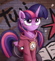 Size: 1620x1800 | Tagged: safe, artist:bugplayer, twilight sparkle, twilight sparkle (alicorn), alicorn, pony, clock, clothes, earbuds, female, gangsta, gangster, graffiti, headphones, hoodie, horn, mare, pants, rollomatic, solo, song reference, wings, wrap it