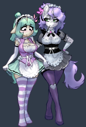 Size: 1100x1618 | Tagged: safe, artist:orchidpony, oc, oc only, oc:orchid, anthro, unguligrade anthro, blushing, chest fluff, clothes, cute, dress, duo, female, floppy ears, lace, maid, maid headdress, maid outfit, moe, simple background, skirt, skirt lift, socks, stockings, striped socks, thigh highs