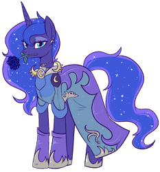 Size: 800x860 | Tagged: safe, artist:lulubell, princess luna, alicorn, pony, clothes, dress, ethereal mane, female, flower, flower in mouth, galaxy mane, looking at you, mare, mouth hold, rose, rose in mouth, simple background, solo, transparent background