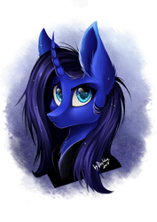 Size: 1024x1448 | Tagged: safe, artist:das_leben, oc, oc only, alicorn, bat pony, bat pony alicorn, pony, bust, chest fluff, curved horn, ear fluff, female, mare, portrait, solo