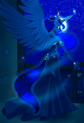 Size: 2565x3750 | Tagged: safe, artist:longinius, artist:stasyan1902, edit, princess luna, alicorn, anthro, balcony, beautiful, clothes, colored, dress, evening gloves, feather, female, fingerless gloves, full moon, gloves, glow, glowing horn, gown, headdress, horn jewelry, jewelry, lidded eyes, long gloves, looking at you, looking back, looking back at you, magic, mare, moon, necklace, night, pearl necklace, sky, solo, spread wings, tail wrap, tiara, wind, wing fluff, wings