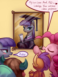 Size: 1500x2000 | Tagged: safe, artist:luciferamon, maud pie, pinkie pie, smolder, yona, dragon, earth pony, pony, yak, school daze, season 8, blushing, dialogue, diploma, female, graduation cap, hat, mare, pointing, speech bubble, wrong words