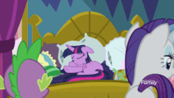 Size: 902x508 | Tagged: safe, screencap, rarity, spike, twilight sparkle, twilight sparkle (alicorn), alicorn, dragon, pony, unicorn, school daze, and then there's rarity, animated, bed, clothes, dress, eyes closed, female, floppy ears, force dressing, frown, instant cosplay surprise, jester dress, magic, magic aura, male, mare, messy mane, prone, ruff (clothing), wide eyes