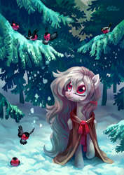 Size: 2893x4092 | Tagged: safe, artist:holivi, oc, oc only, bird, pegasus, pony, winter wrap up, bullfinch, cloak, clothes, commission, elsa, female, frozen (movie), mare, pine tree, red eyes, scenery, snow, solo, tree, winter