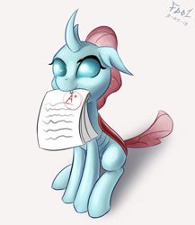 Size: 1300x1500 | Tagged: safe, artist:foughtdragon01, ocellus, changedling, changeling, school daze, a+, cute, daaaaaaaaaaaw, diaocelles, fangs, female, grades, hnnng, horn, looking up, mouth hold, nom, paper, simple background, sitting, smiling, solo, white background