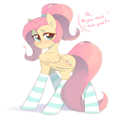 Size: 3000x3000 | Tagged: safe, artist:fensu-san, fluttershy, pegasus, pony, adorasexy, alternate hairstyle, bronybait, clothes, cute, dialogue, female, looking at you, looking back, looking back at you, mare, sexy, shyabetes, simple background, socks, solo, stockings, striped socks, text, thigh highs, white background