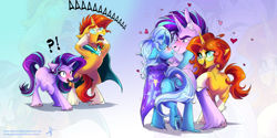 Size: 3464x1732 | Tagged: safe, artist:wilvarin-liadon, starlight glimmer, stellar gleam, sunburst, sunstone (g4 r63 sunburst), trixie, pony, unicorn, aaaaaaaaaa, anus, blushing, exclamation point, eye contact, female, half r63 shipping, heart, interrobang, looking at each other, male, mare, nudity, open mouth, open smile, question mark, rearing, rule 63, screaming, self ponidox, shipping, shocked, simplistic anus, smiling, smiling at each other, stallion, starburst, startrix, straight, sungleam, trixgleam, trixgleamstone, unshorn fetlocks, zoom layer