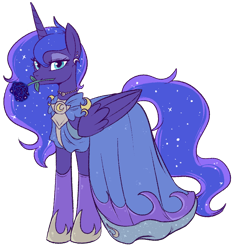 Size: 800x860 | Tagged: safe, alternate version, artist:lulubell, princess luna, alicorn, pony, clothes, dress, ear piercing, earring, female, flower, flower in mouth, jewelry, mare, mouth hold, necklace, piercing, redraw, rose, rose in mouth, simple background, solo, transparent background