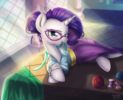 Size: 2100x1700 | Tagged: safe, artist:tcn1205, rarity, pony, unicorn, school daze, alternate hairstyle, bedroom eyes, clothes, cummerbund, cute, desk, dishevelled, eyeshadow, female, glasses, hair bun, heat, horn, looking at you, makeup, mare, mouth hold, necktie, prone, sash, schoolmarm rarity, shirt, skirt, smiling, solo, spool, sunlight, sweat, undressing, yarn, yarn ball