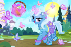 Size: 1024x683 | Tagged: safe, artist:pixelkitties, trixie, butterfly, pony, unicorn, basket, clothes, easter, easter egg, fancy, female, glowing horn, holiday, magic, mare, smiling, sun