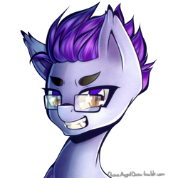 Size: 2000x2000 | Tagged: safe, artist:chaosangeldesu, oc, oc only, oc:evening tale, bat pony, pony, bat pony oc, bust, fangs, glasses, grin, male, portrait, simple background, slit eyes, smiling, solo, stallion, transparent background