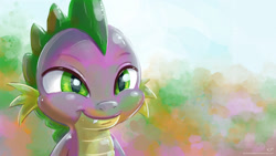 Size: 1920x1080 | Tagged: safe, artist:kp-shadowsquirrel, spike, dragon, baby, baby dragon, bust, cute, cute little fangs, fangs, green eyes, male, multicolored background, portrait, signature, smiling, solo, spikabetes