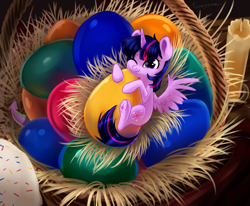 Size: 4472x3680 | Tagged: safe, artist:taneysha, spike, twilight sparkle, twilight sparkle (alicorn), alicorn, dragon, basket, candle, cute, easter, easter basket, easter egg, female, frog (hoof), holiday, horn, mare, micro, one eye closed, solo, tiny ponies, twiabetes, underhoof, wings