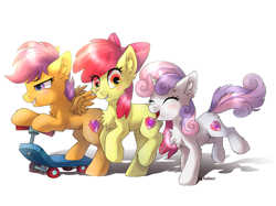 Size: 1707x1280 | Tagged: safe, artist:kaliner123, apple bloom, scootaloo, sweetie belle, earth pony, pegasus, pony, unicorn, chest fluff, cutie mark crusaders, female, filly, fluffy, scooter, simple background, smiling, trio, white background