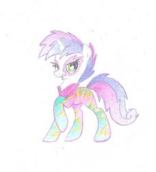Size: 551x604 | Tagged: safe, artist:pony-paint, sweetie belle, pony, unicorn, clothes, costume, female, filly, makeup, raised hoof, show stopper outfits, simple background, solo, traditional art, white background