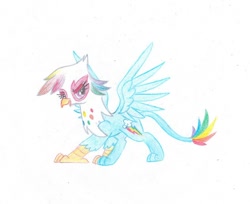 Size: 604x492 | Tagged: safe, artist:pony-paint, rainbow dash, griffon, female, griffonized, open mouth, rainbow griffon, simple background, solo, species swap, spread wings, traditional art, white background, wings
