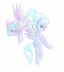 Size: 542x604 | Tagged: safe, artist:pony-paint, cloudchaser, flitter, pegasus, pony, bow, duo, female, flying, hair bow, mare, simple background, sisters, traditional art, white background