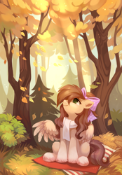 Size: 3000x4300 | Tagged: safe, artist:share dast, oc, oc only, pegasus, pony, autumn, bow, clothes, cute, daaaaaaaaaaaw, digital art, female, forest, hair bow, high res, leaves, looking up, mare, ocbetes, picnic blanket, scarf, signature, sitting, smiling, solo, spread wings, tree, weapons-grade cute, wings