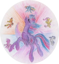 Size: 557x604 | Tagged: safe, artist:pony-paint, applejack, fluttershy, pinkie pie, rainbow dash, rarity, twilight sparkle, twilight sparkle (alicorn), alicorn, earth pony, pegasus, pony, unicorn, eyes closed, female, mane six, mare, traditional art