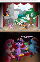 Size: 2161x3319 | Tagged: safe, artist:poseidonathenea, apple bloom, pinkie pie, princess celestia, rainbow dash, scootaloo, spike, sweetie belle, twilight sparkle, twilight sparkle (alicorn), alicorn, dragon, earth pony, goat, pegasus, pony, unicorn, horse play, :o, :t, audience, awkward, camcorder, castle, clothes, colt, comic, costume, cute, cutelestia, cutie mark crusaders, digital art, dress, drool, eating, eyes closed, female, filly, floppy ears, food, frown, hat, high res, hoof hold, leaning, lidded eyes, male, mare, open mouth, play, popcorn, puffy cheeks, raised hoof, sitting, sleeping, smiling, stage, theater, tree, unamused, video camera, waving