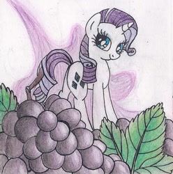 Size: 600x604 | Tagged: safe, artist:pony-paint, part of a set, rarity, pony, unicorn, female, food, grapes, looking at you, looking sideways, mare, smiling, solo, standing, traditional art