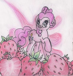 Size: 586x604 | Tagged: safe, artist:pony-paint, part of a set, pinkie pie, earth pony, pony, female, food, head turn, looking away, looking up, mare, raised hoof, smiling, solo, strawberry, traditional art