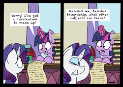 Size: 2458x1745 | Tagged: safe, artist:bobthedalek, rarity, twilight sparkle, twilight sparkle (alicorn), alicorn, pony, unicorn, fake it 'til you make it, 2 panel comic, book, comic, desk, duo, facehoof, female, levitation, magic, mare, quill, scroll, signature, telekinesis