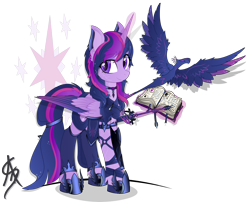 Size: 3224x2599 | Tagged: safe, artist:aleriastarlight, twilight sparkle, twilight sparkle (alicorn), alicorn, phoenix, pony, alternate hairstyle, armor, badass, book, boots, clothes, coat markings, colored wings, cutie mark, cutie mark background, cutie mark clothes, dark phoenix, digital art, ear fluff, epic, female, glowing horn, high res, jewelry, leg strap, leggings, looking sideways, magic, mare, necklace, scarf, shoes, signature, solo, starry mane, style emulation, sword, tail band, telekinesis, transparent background, vector, weapon, wing armor, wingding eyes