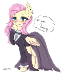 Size: 586x702 | Tagged: safe, artist:divided-s, fluttershy, pegasus, pony, fake it 'til you make it, blushing, clothes, cute, dress, female, fluttergoth, goth, looking at you, mare, raised hoof, shyabetes, simple background, solo, white background