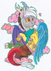 Size: 728x1024 | Tagged: safe, artist:pony-paint, discord, butterfly, draconequus, clothes, cloud, cotton candy, cotton candy cloud, food, implied fluttershy, scarf, solo, sweater, traditional art