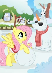 Size: 1532x2160 | Tagged: safe, artist:pony-paint, angel bunny, fluttershy, pegasus, pony, christmas, clothes, female, fluttershy's cottage, holiday, mare, scarf, show accurate, snowpony, spread wings, wings, winter