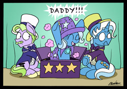 Size: 2464x1733 | Tagged: safe, artist:bobthedalek, jack pot, trixie, earth pony, pony, unicorn, grannies gone wild, big bucks, clothes, cute, dialogue, diatrixes, eyes closed, father and child, father and daughter, female, frown, inconvenient trixie, magic show, magic trick, male, mare, oh crap face, parent and child, smiling, stallion, sweat, that was fast