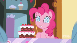 Size: 914x515 | Tagged: safe, screencap, pinkie pie, earth pony, pegasus, pony, grannies gone wild, animated, cake, dizzy, female, food, grin, hypnosis, lip bite, mare, portal (valve), smiling, solo focus, swirly eyes, the cake is a lie, tripping balls, wingding eyes