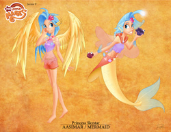 Size: 3208x2490 | Tagged: safe, artist:didj, princess skystar, human, mermaid, my little pony: the movie, aasimar, barefoot, belly button, clothes, ear fins, feet, humanized, mermaidized, midriff, my little mages, seashell necklace, shelldon, shelly, shorts, smiling, species swap, tanktop, wing ears, winged humanization, wings