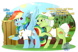 Size: 3000x2000 | Tagged: safe, artist:flysouldragon, granny smith, rainbow dash, pegasus, pony, grannies gone wild, adorasmith, apple, apple tree, chest fluff, clothes, cute, dashabetes, dialogue, ear fluff, food, game, hay bale, horseshoes, mane, shirt, simple background, spread wings, sun, sweet apple acres, t-shirt, transparent background, tree, wings